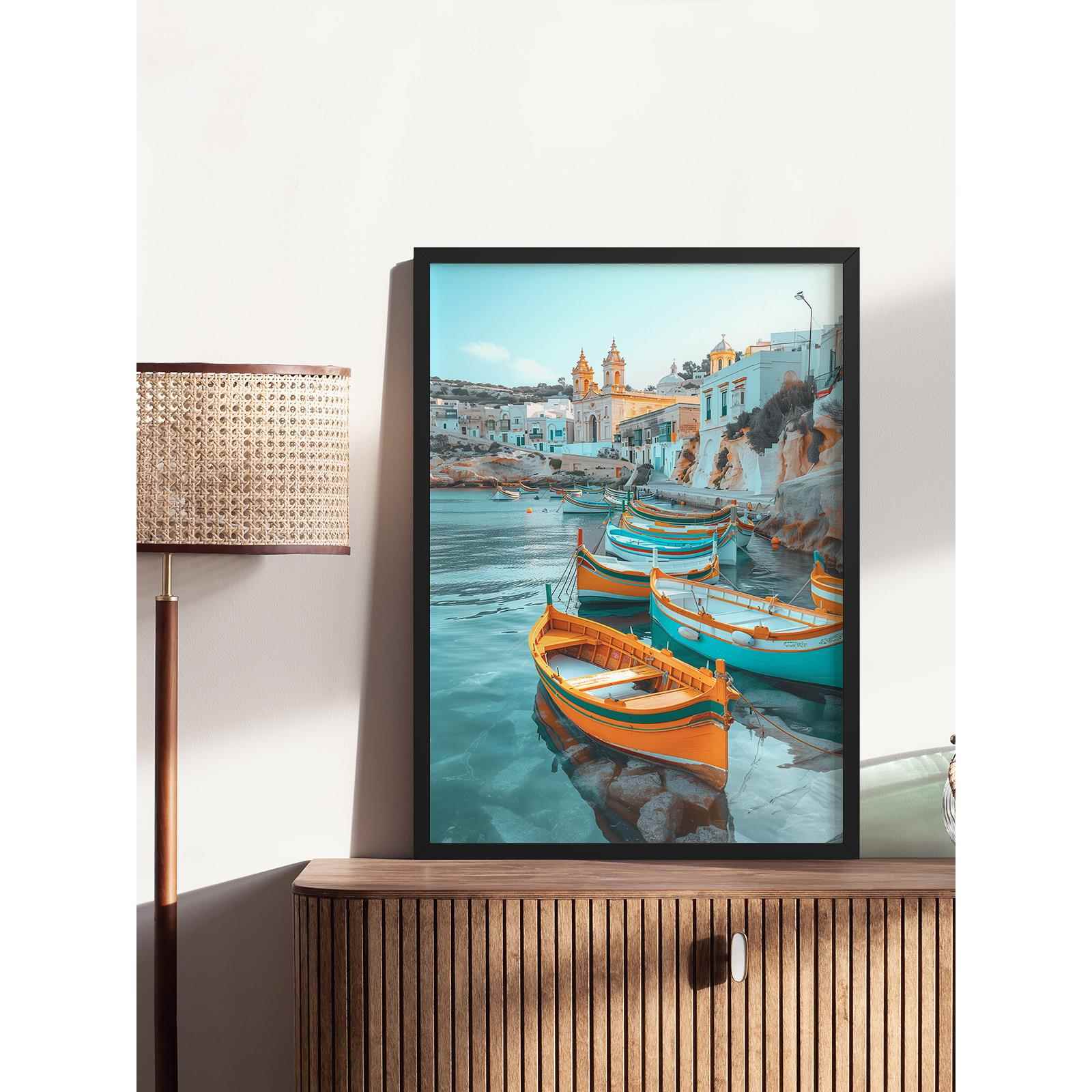地中海港湾客厅卧室沙发风景建筑治愈系装饰画挂画艺术框油画壁画