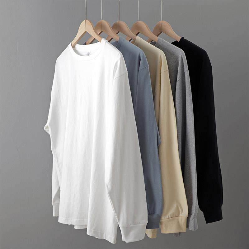 长袖t恤男纯棉圆领薄款内搭白t恤潮流青年宽松大码纯色打底衫男cx