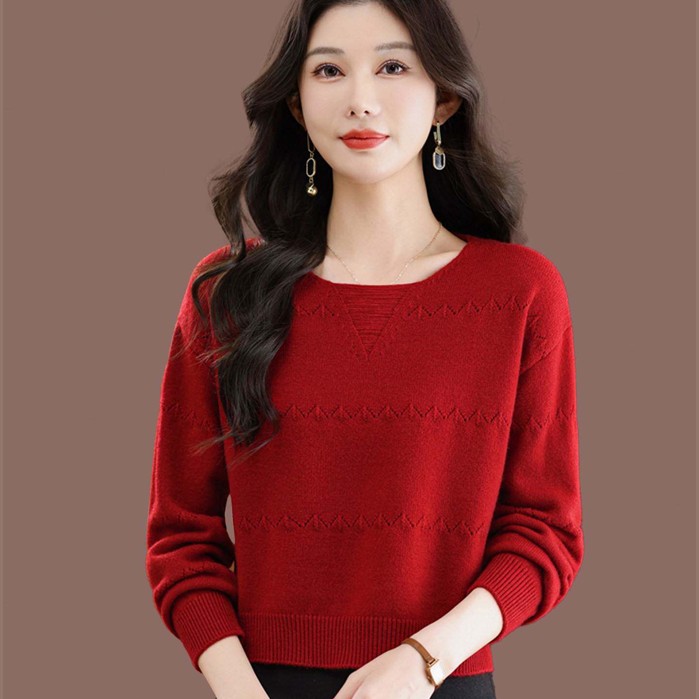 2026春秋新款慵懒风红色圆领毛衣女宽松显瘦螺纹针织衫通勤上衣