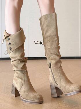 QVU~品牌专柜！复古两穿翻折高跟褶皱堆堆靴厚底粗跟不过膝骑士靴