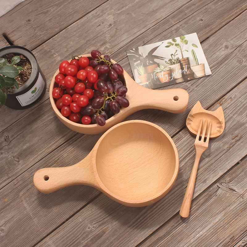 日式榉木创意泡面碗 木质餐具泡菜大碗 带手柄水果沙拉木碗可logo
