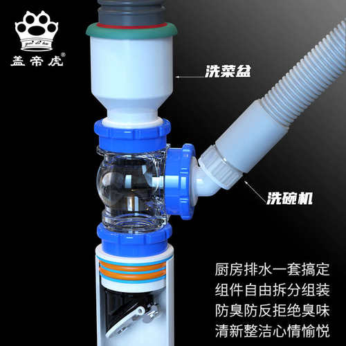 ll盖帝虎厨房排水快装板三通下水模块式防臭厨房下水卫生间排