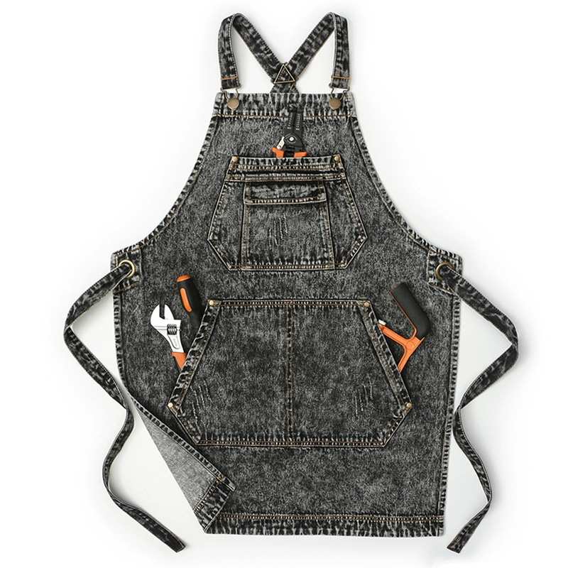 水洗牛仔围裙韩版全棉工作服餐厅烘焙烧烤画画围裙厂家