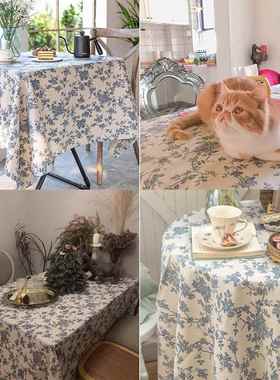 新款美式田园布艺桌布家用餐桌复古风蓝色印花零售家用盖巾台地