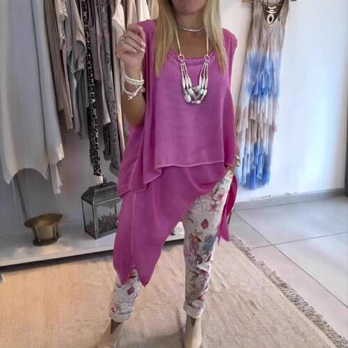 Top, vest, long hem, patterned pants set