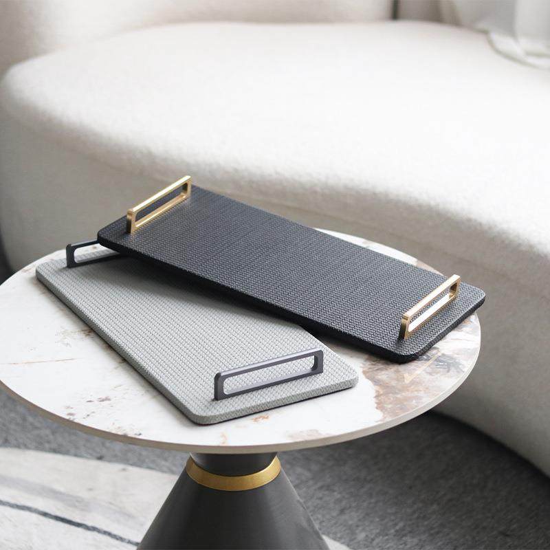 现代轻奢高级感编织皮革托盘方形把手置物盘摆件家居收纳软装饰品