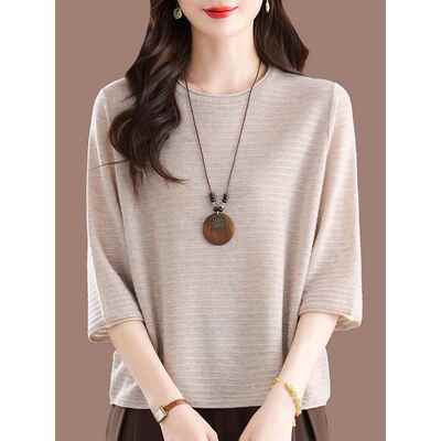 七分袖薄款t恤上衣女春秋季新款洋气宽松气质妈妈中袖针织打底衫