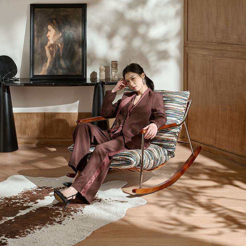 奶油风复古摇摇椅子家用中古风单人懒人沙发客厅阳台摇椅休闲躺椅