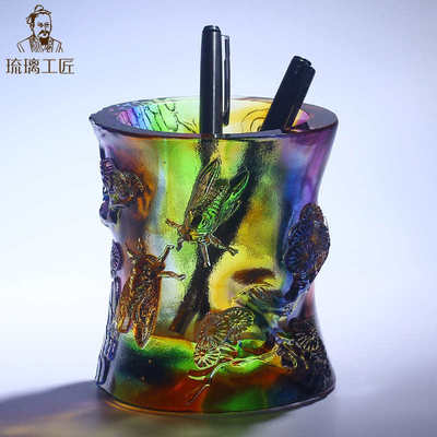 琉璃知了金蝉笔筒办公室桌面摆件女生实用复古中国风大气艺术创意