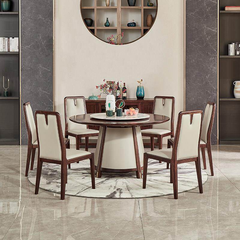 新中式乌金木实木餐桌椅组合别墅餐厅大圆桌轻奢家用圆饭桌定制