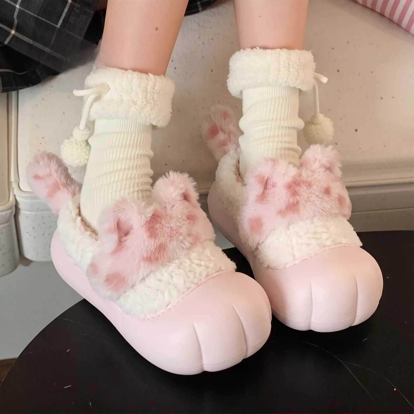软萌小猫尾巴棉拖鞋女冬季厚底加绒保暖少女心居家室内宿舍毛毛拖