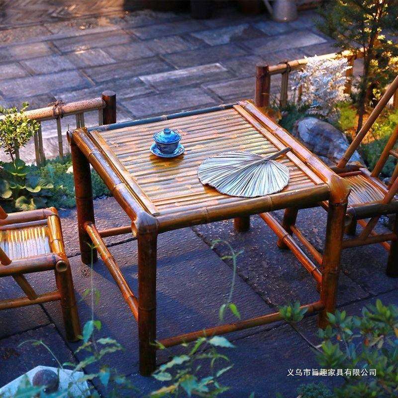 手工竹桌子茶桌碳化餐桌茶几办公家用庭院火锅桌复古凳子竹椅子