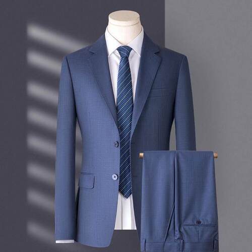 高端羊毛西服套装男浅墨蓝职业商务休闲西装两件套新郎结婚礼服男