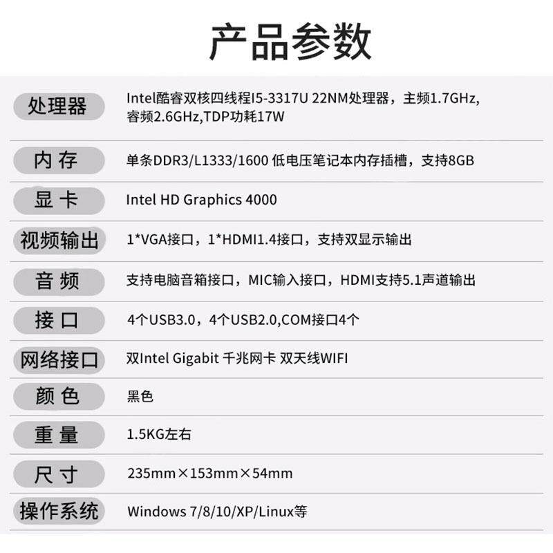 芯盛美I5337U控无风扇工机HUQ迷你工控电1工业脑微型小型小主机