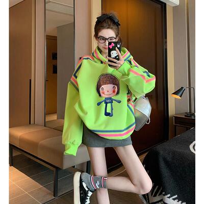 欧洲站可爱卡通绿色连帽卫衣女春秋季宽松设计感外套oversize上衣