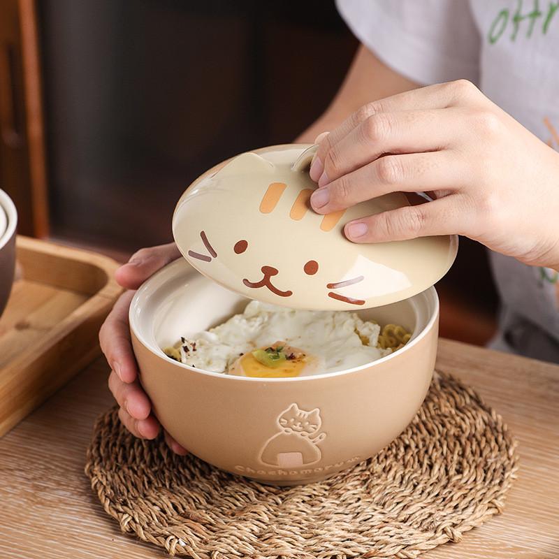 日式创意陶瓷汤碗家用水果沙拉泡面碗饭碗可爱卡通动物带盖小猫碗