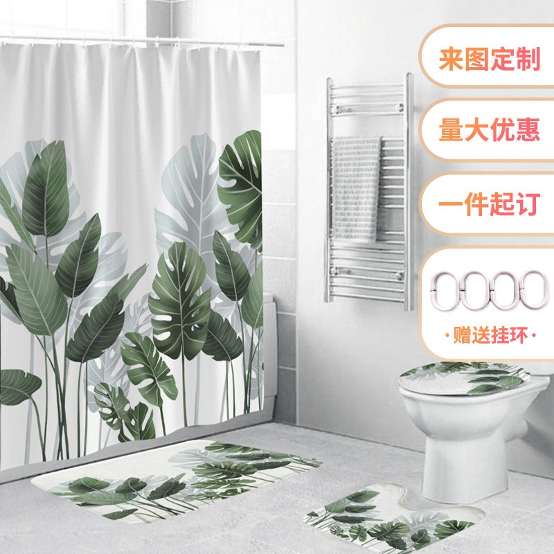 厂家现货 简约3d涤纶防水浴室浴帘四件套DIY数码印花淋浴帘