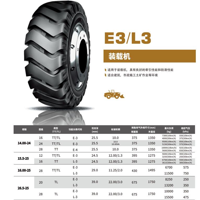 朝阳轮胎装载机斜交花纹E3/L3 多规格13.00-24/ 14.00-24直供现货