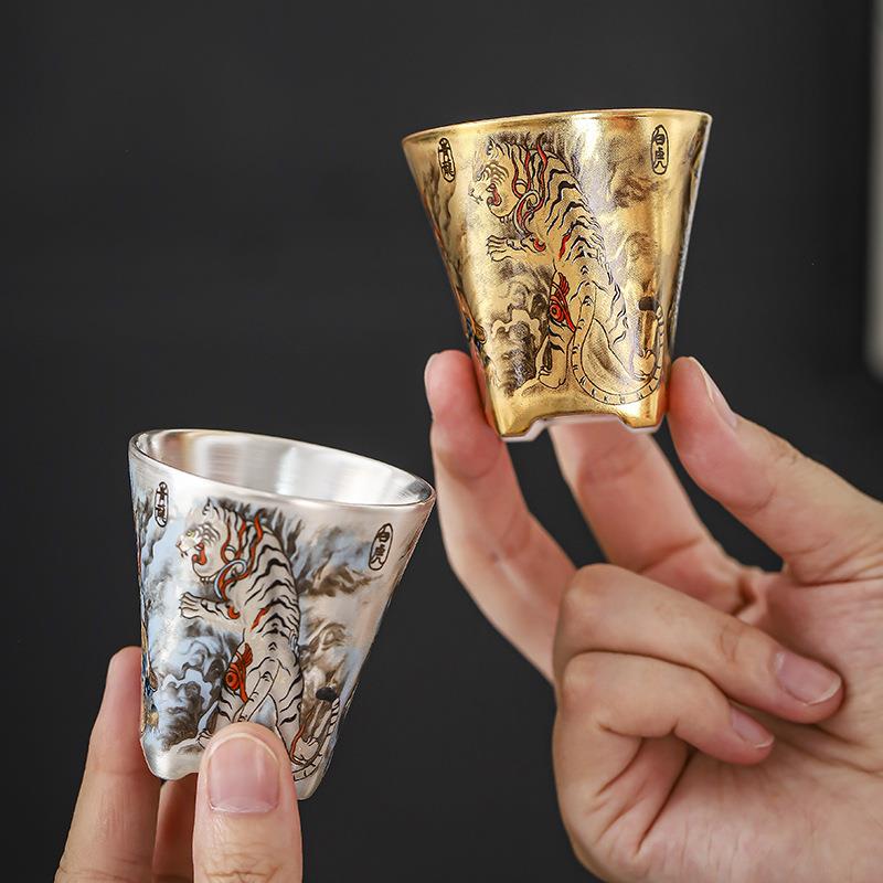 周鸿杰大师纯手工金银上作画杯子送礼个人专用四大神兽主人银茶杯