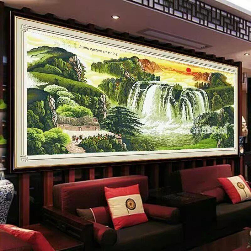 纯手工十字绣成品，流水，财富，朝日，东升，客厅山水画，随绣出