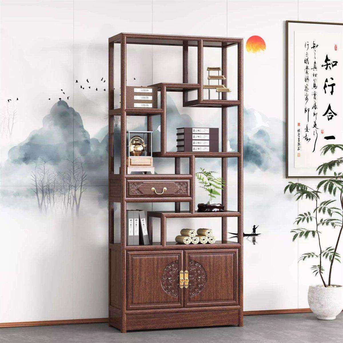 实木博古架多宝阁新中式书架办公室隔断架南榆木茶柜摆件架陈列柜