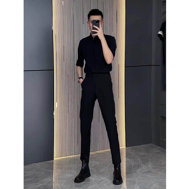 2025春季黑色直筒西裤 男士修身垂感微弹九分休闲西装裤