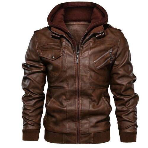 Women Lightweight Jacket Casual PU Biker Coat Removable Hood