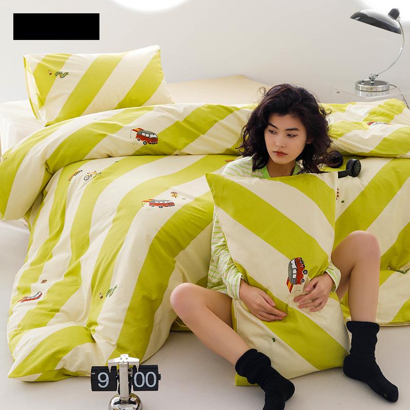 少女心绿色纯棉被套单件简约全棉床上三四件套双人被罩1.8m床笠款