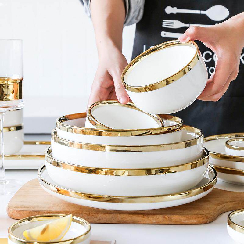 北欧轻奢家用餐具碗碟套装西餐金边盘菜盘子餐盘陶瓷饭碗汤碗面碗