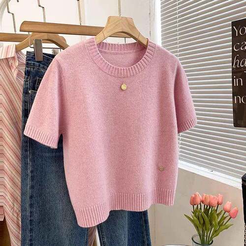 Casual Knit Top , Basic Knitwear , Short Round Neck Design ,