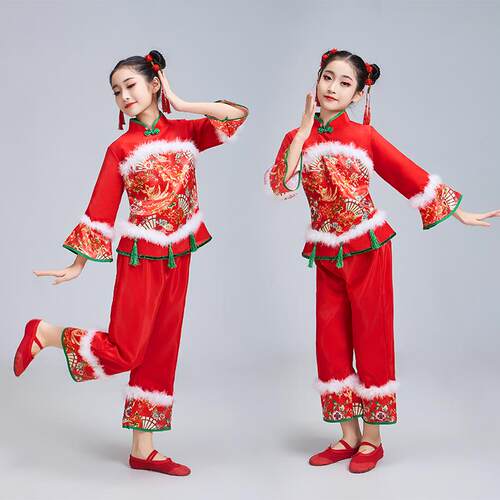高档元旦儿童喜庆民出服中国红族舞蹈服新款幼儿开门红男演女童歌