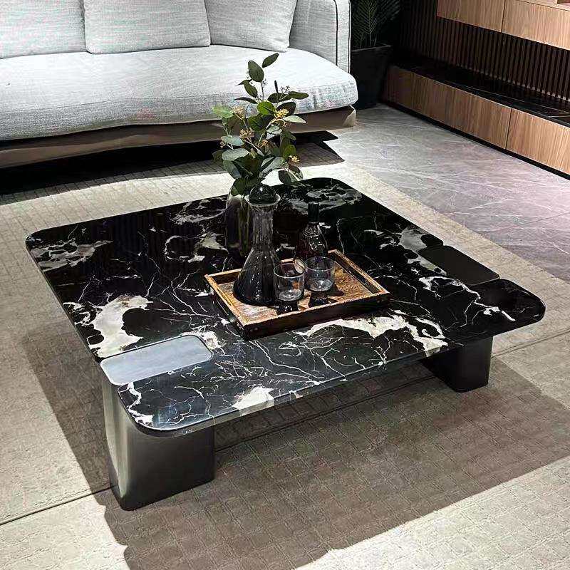 意式轻奢大理石茶几正方形现代黑玫瑰铂金钻天然奢石家用别墅茶几