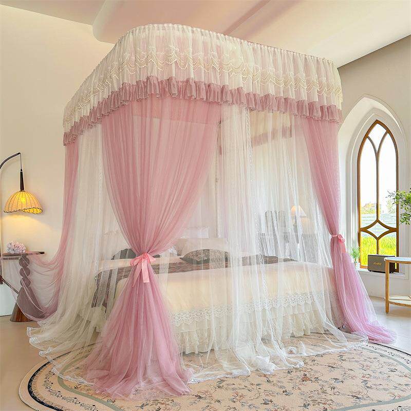 2025新款刺绣导轨蚊帐u型轨道卧室家用双层纱三开门落地加密加厚