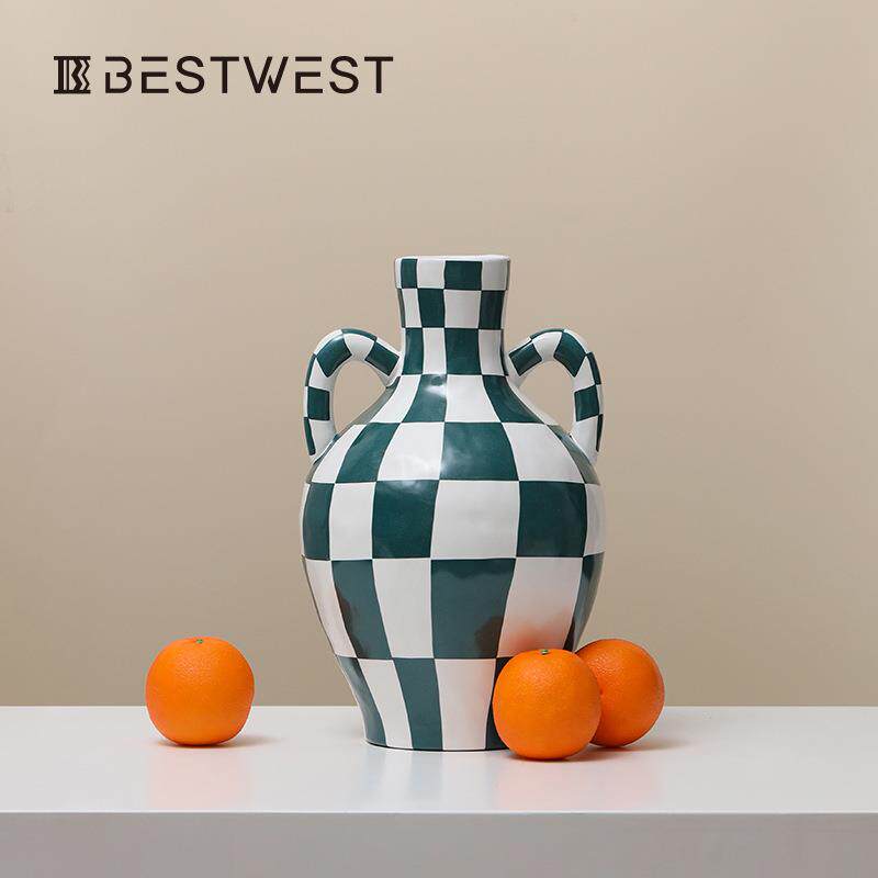 博西家居 黑白棋盘格双耳釉面陶瓷花瓶摆件法式家居客厅花器花盆