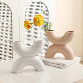 哑房简约光色家居风牛角u管花器摆件陶瓷花瓶现代装 饰样品形陶瓷