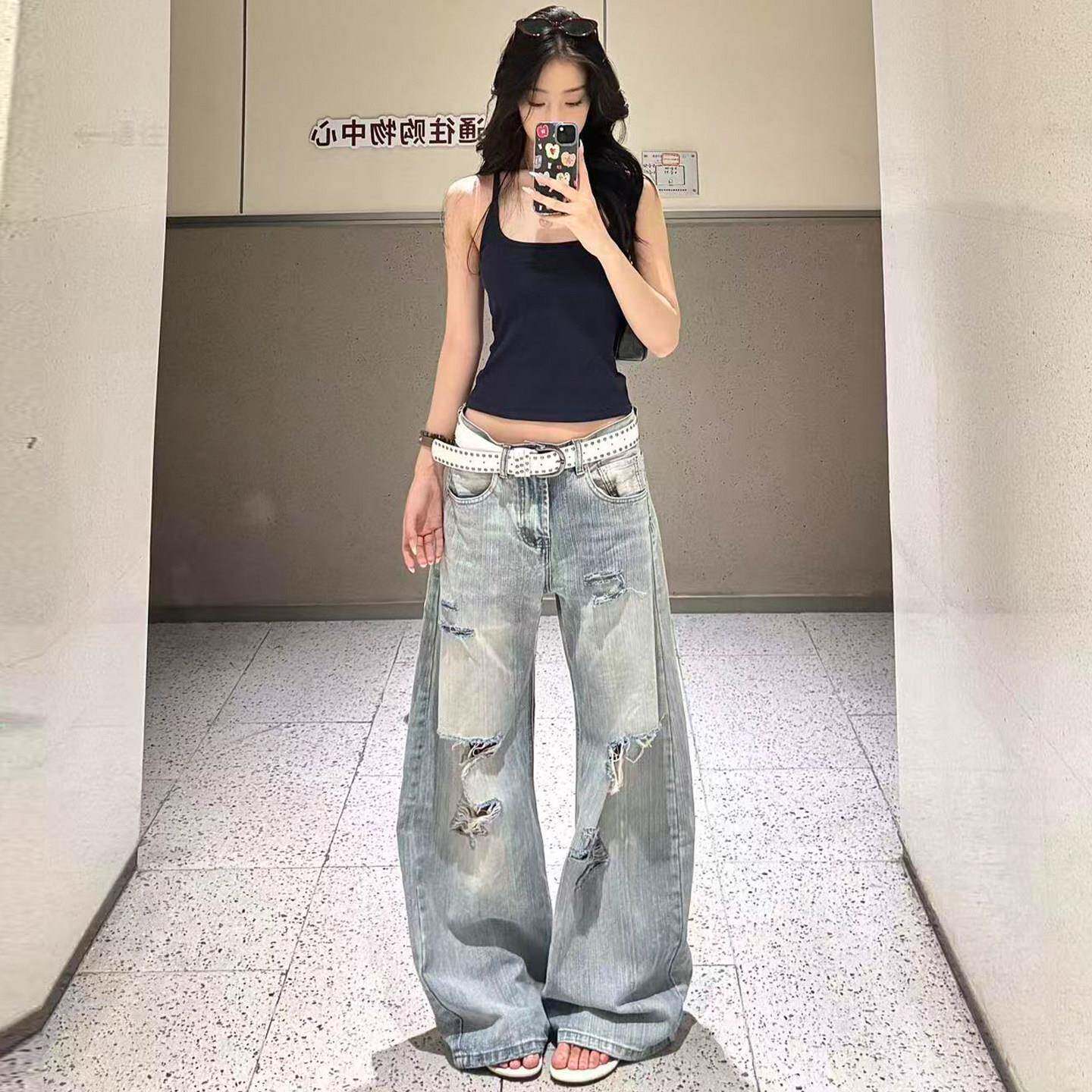 美式复古水洗蓝破洞阔腿牛仔裤女2026年夏季薄款宽松显瘦拖地裤子