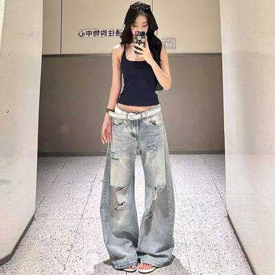 美式复古水洗蓝破洞阔腿牛仔裤女2026年夏季薄款宽松显瘦拖地裤子