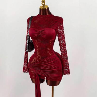 Lace Mini Dress Long Sleeve Bodycon Mesh Dresses Formal