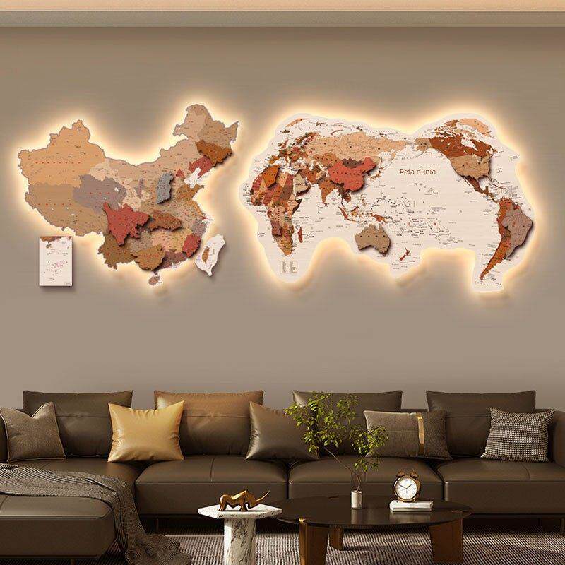 双联中国世界地图发光拼接挂画客厅装饰画LED带灯立体办公室挂画