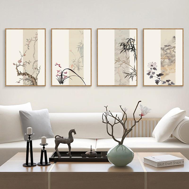 入户玄关花鸟装饰画新中式茶室禅意水墨挂画客厅走廊尽头竖版壁画