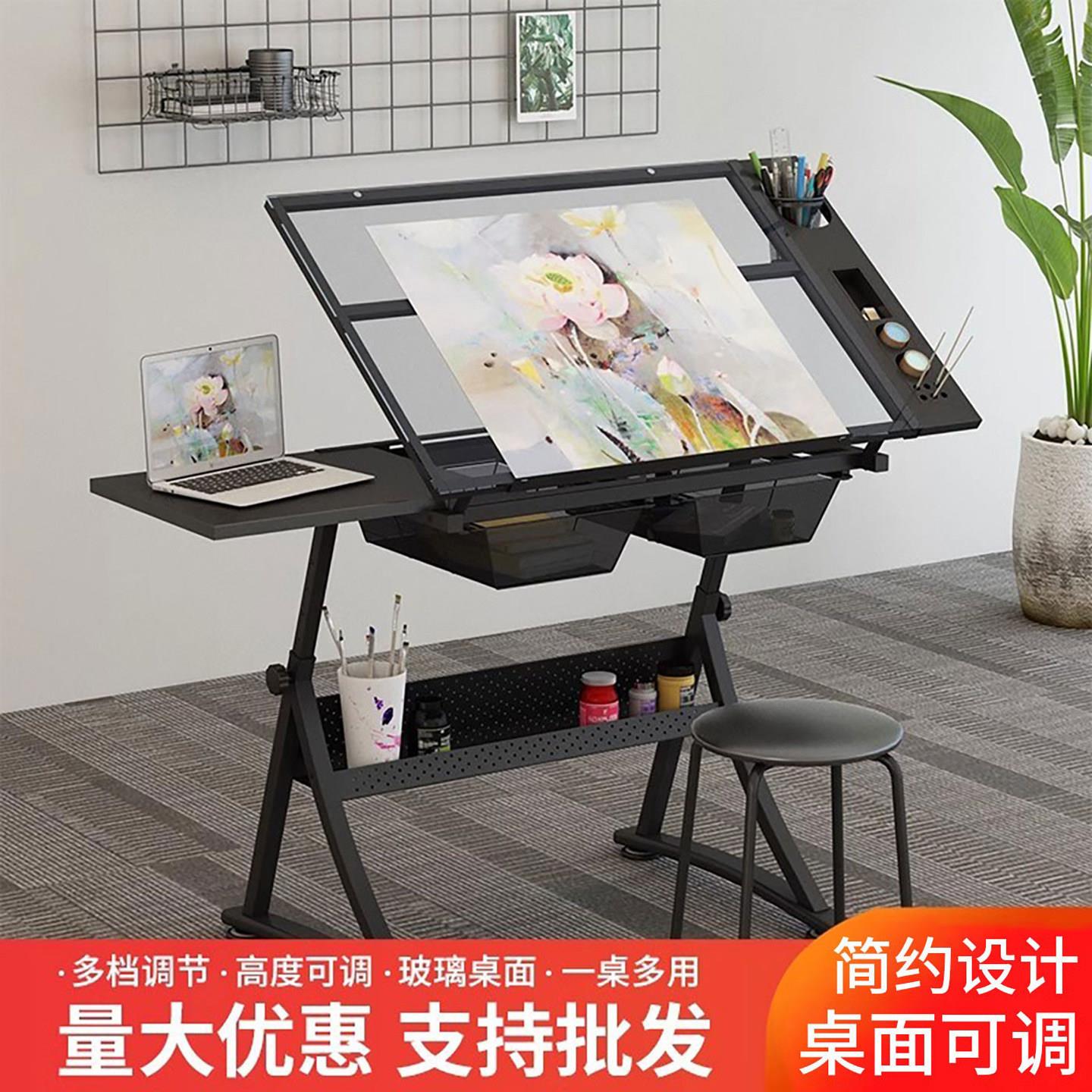 常州制造实木轻奢风电脑桌 可升降玻璃绘图桌 手摇升降绘画桌双副