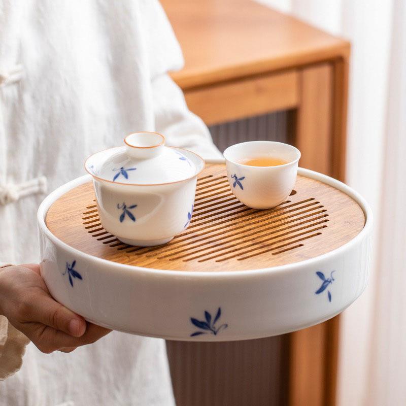 念云居纯手绘蝴蝶圆意茶盘家用轻奢现代干泡盘小型储水式陶瓷托盘