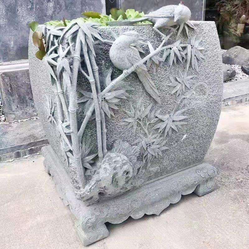 厂家庭院户外圆形石缸花盆仿古景观石雕花盆仿古石雕流水摆件