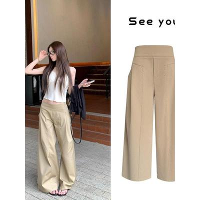 卡其色休闲阔腿裤女夏季宽松慵懒风直筒工装裤垂感拖地裤子长裤夏