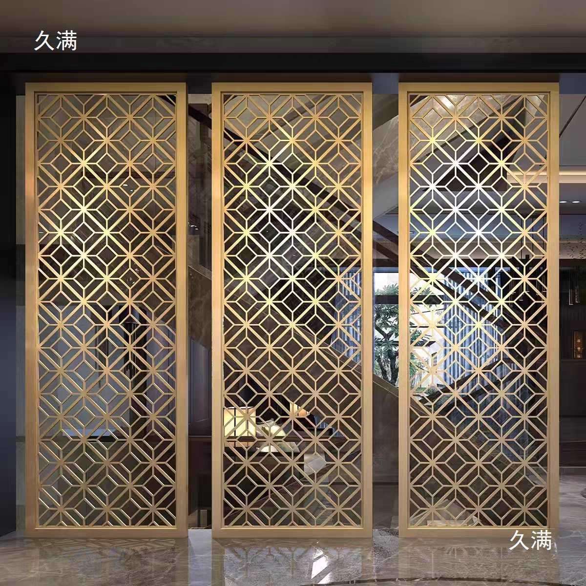 不锈钢屏风隔断新中式镂空雕刻花格轻奢酒店大堂金属格栅入户玄关