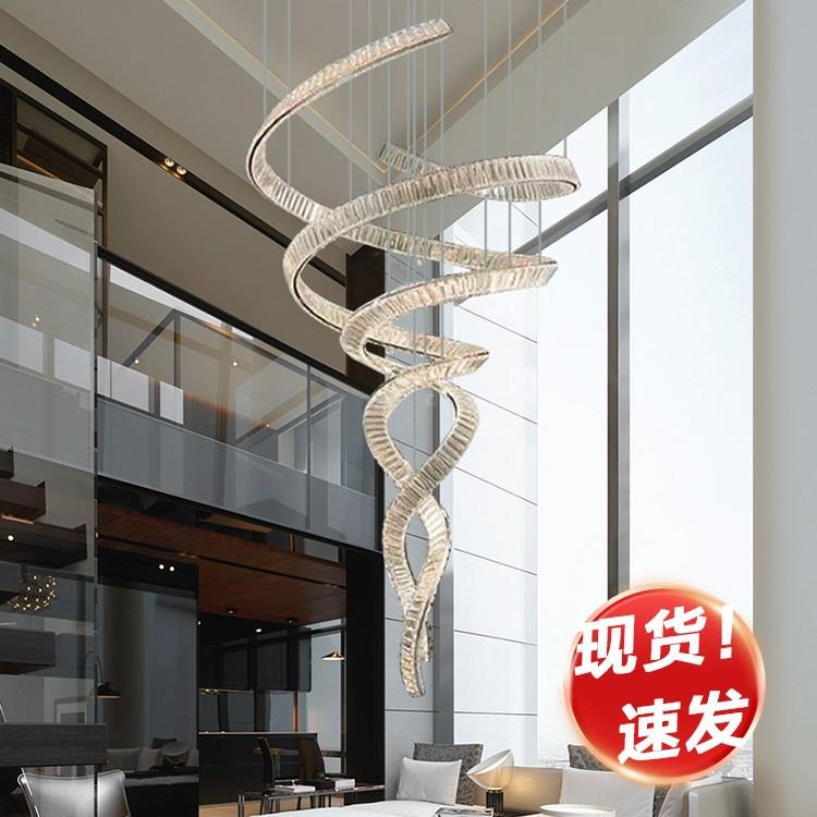 现代客厅餐厅水晶吊灯宴会厅别墅复式楼挑空楼梯餐桌飘带大吊灯