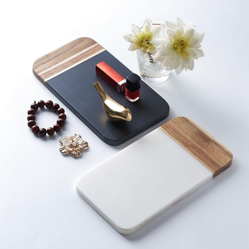 轻大奢铜条拼接实木托盘样板间色理石盘天然岩石PSR哑光黑餐平盘