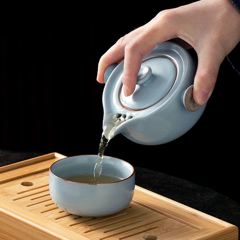 汝窑快客杯一壶一杯单个人专用手抓泡茶壶茶杯饮可携式旅行茶具套