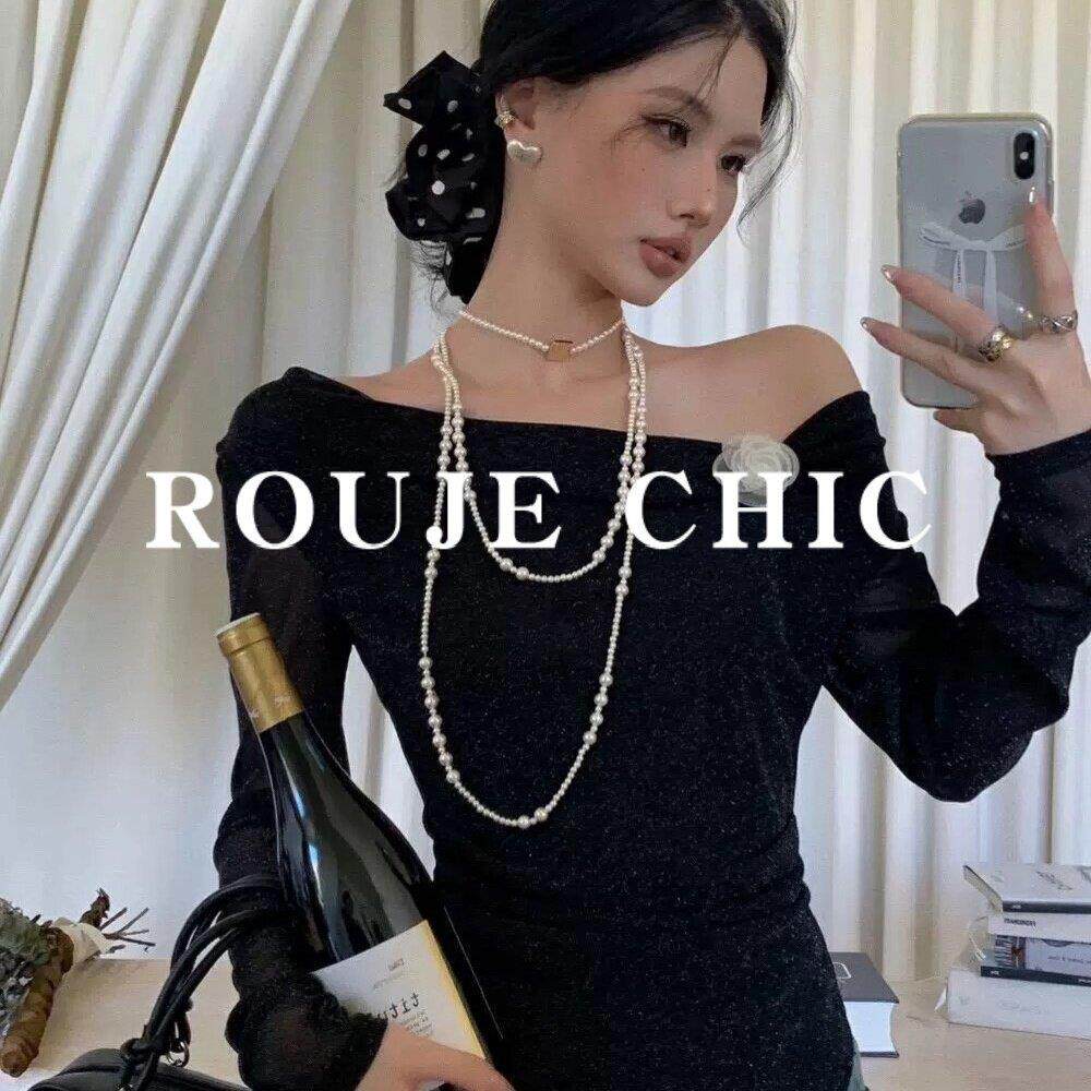 法国rouje chic立体花朵一字领网纱长袖T恤女春季中长款露肩上衣