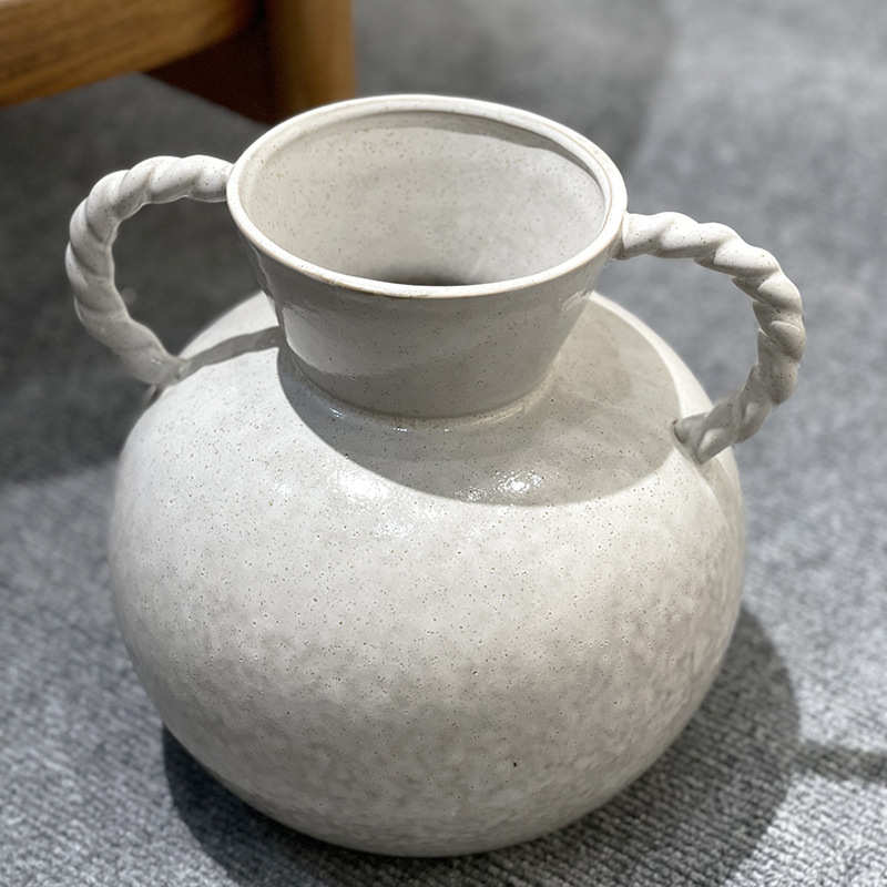 乐梦 侘寂风大花瓶双耳陶瓷麻绳花器酒店民宿日式复古艺术装饰品